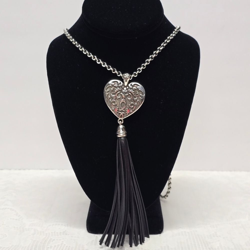 NWT Brighton Cordoba Long Tassel Silver Heart Necklace Boho Chic Valentine's Day